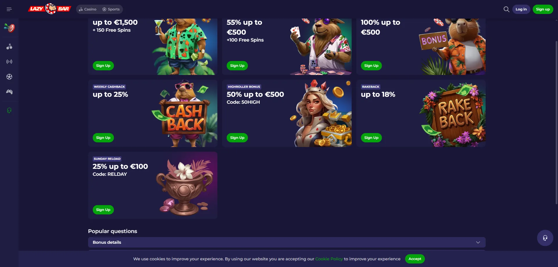Lazybar Casino bonus di benvenuto — fino a €450 più 250 giri gratuiti